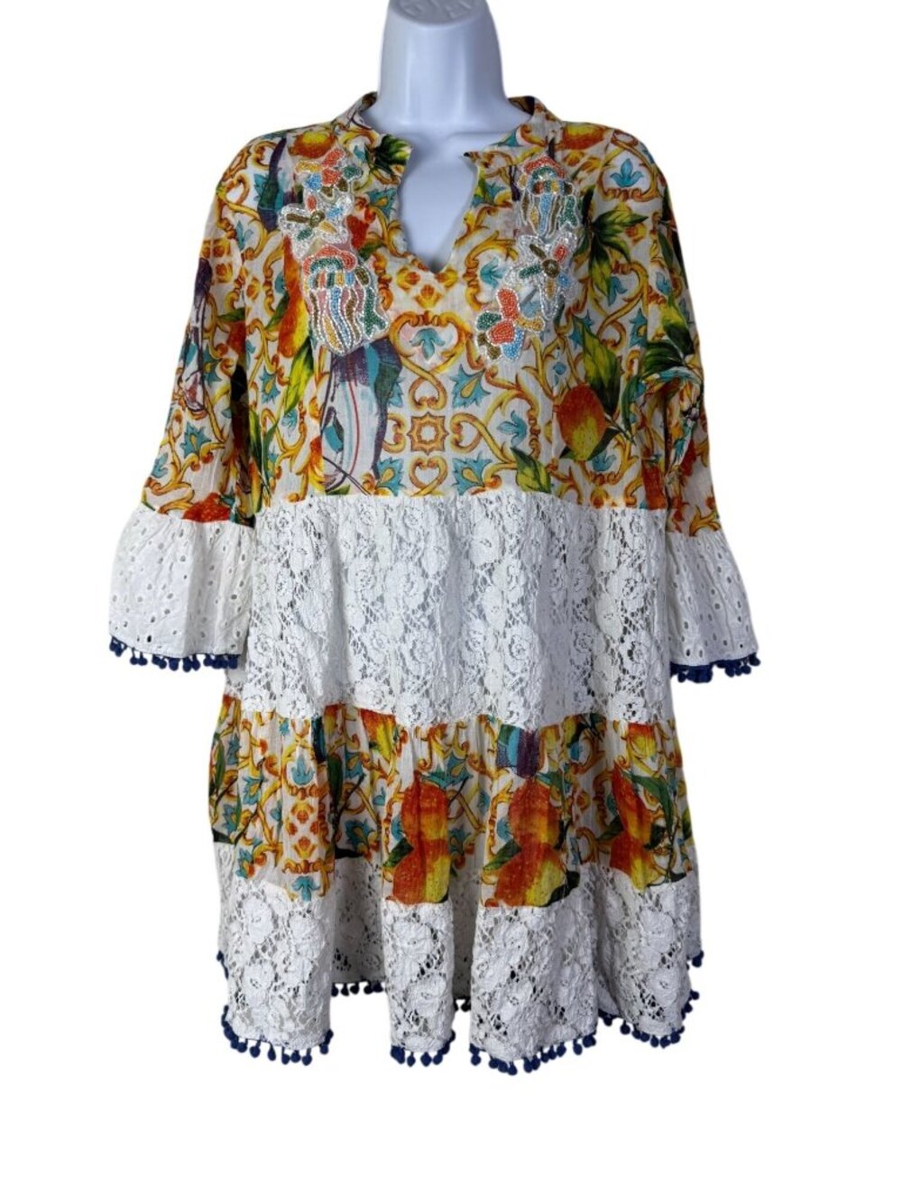 Colori di Mare Tiered Tunic Dress Beaded Floral Pom-Pom Women L XL Flare sleeve